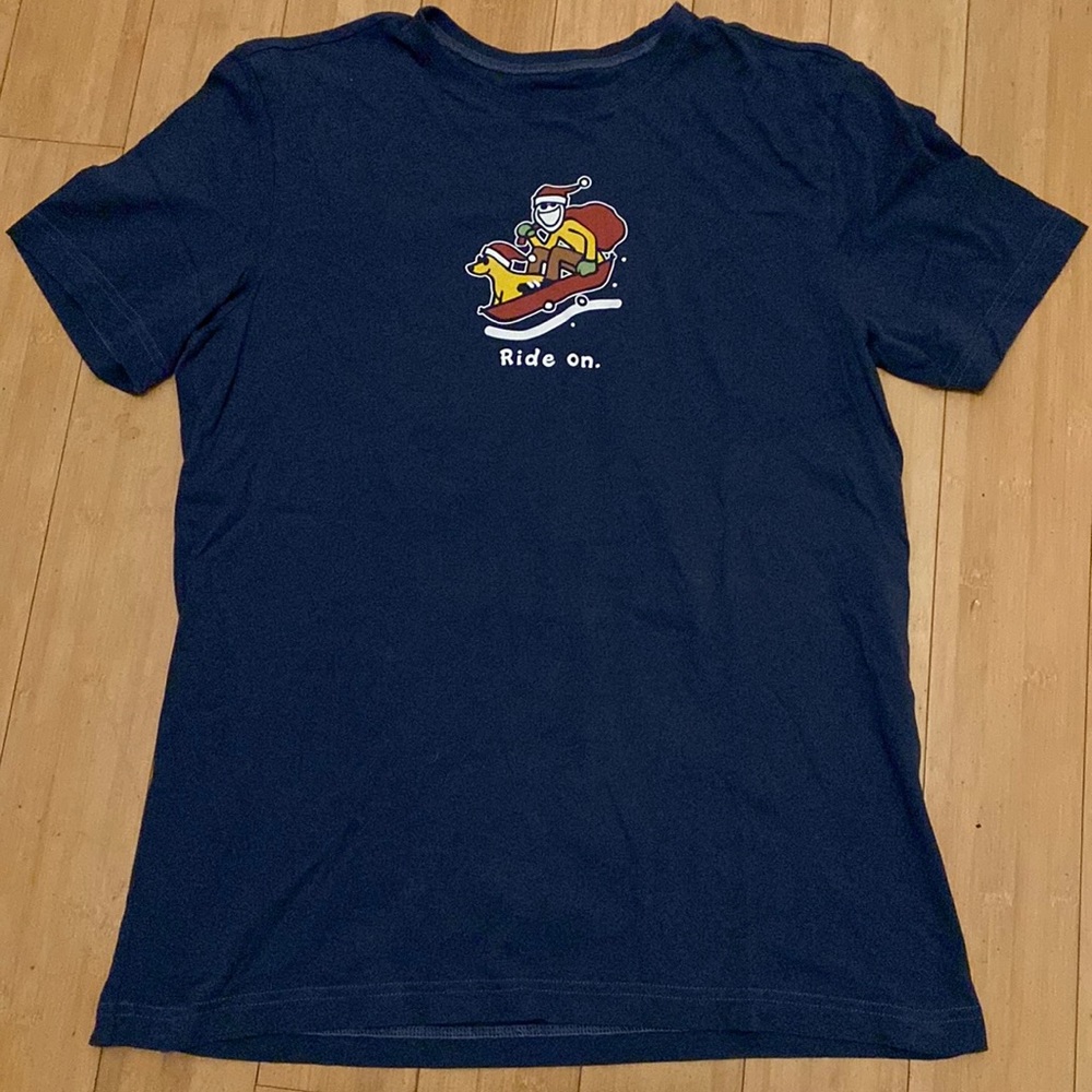 5/$25 Life is Good T-shirt, Jake and Rocket wearing Santa hats riding a sleigh